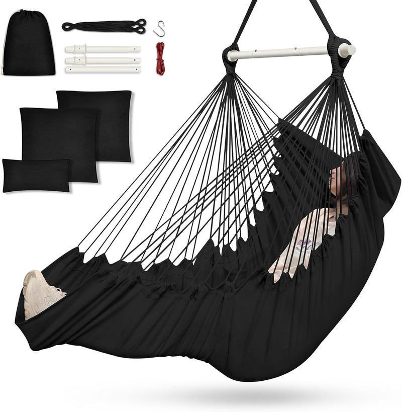 Outerman Hammock Chair, Hanging Chair with 3 Cushions and Foot Rest Support, Sturdy Metal Spreader Bar Max 500Lbs, Swing Chair for Bedroom, Indoor & Outdoor, Patio, Porch or Tree（Black）… - Image 1